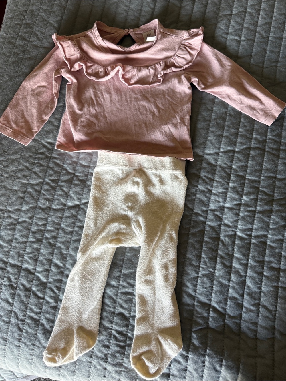 H&M Pink Ruffle Long-Sleeve Top with Cream Footed tights